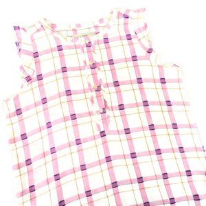 LOFT Blouse Pink Wht Plaid Gold Lurex Ruffle S